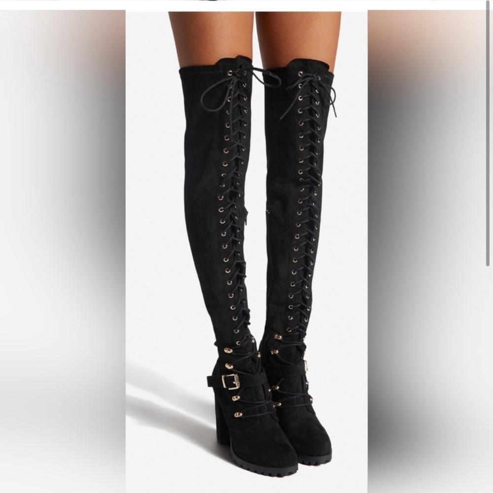 NEW Shoedazzle Over The Knee Black Faux Suede Block Heel Lace Up Boots Size 7 M